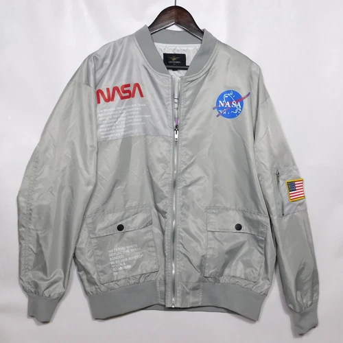 AsstSeries NASA Bomber Jacket Mens Mens XL Silver Streetwear Y2K Space Retro image 2