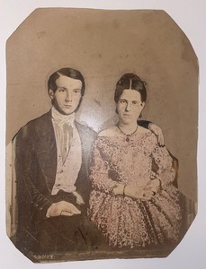 Antique Full Plate Tintype Photo Hand Colored Victorian Couple c1860s 8.25x6.5"