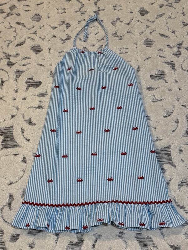 Kelly’s Kids Blue White Seersucker Dress W/ Red Crabs Halter Dress 14/16 EUC