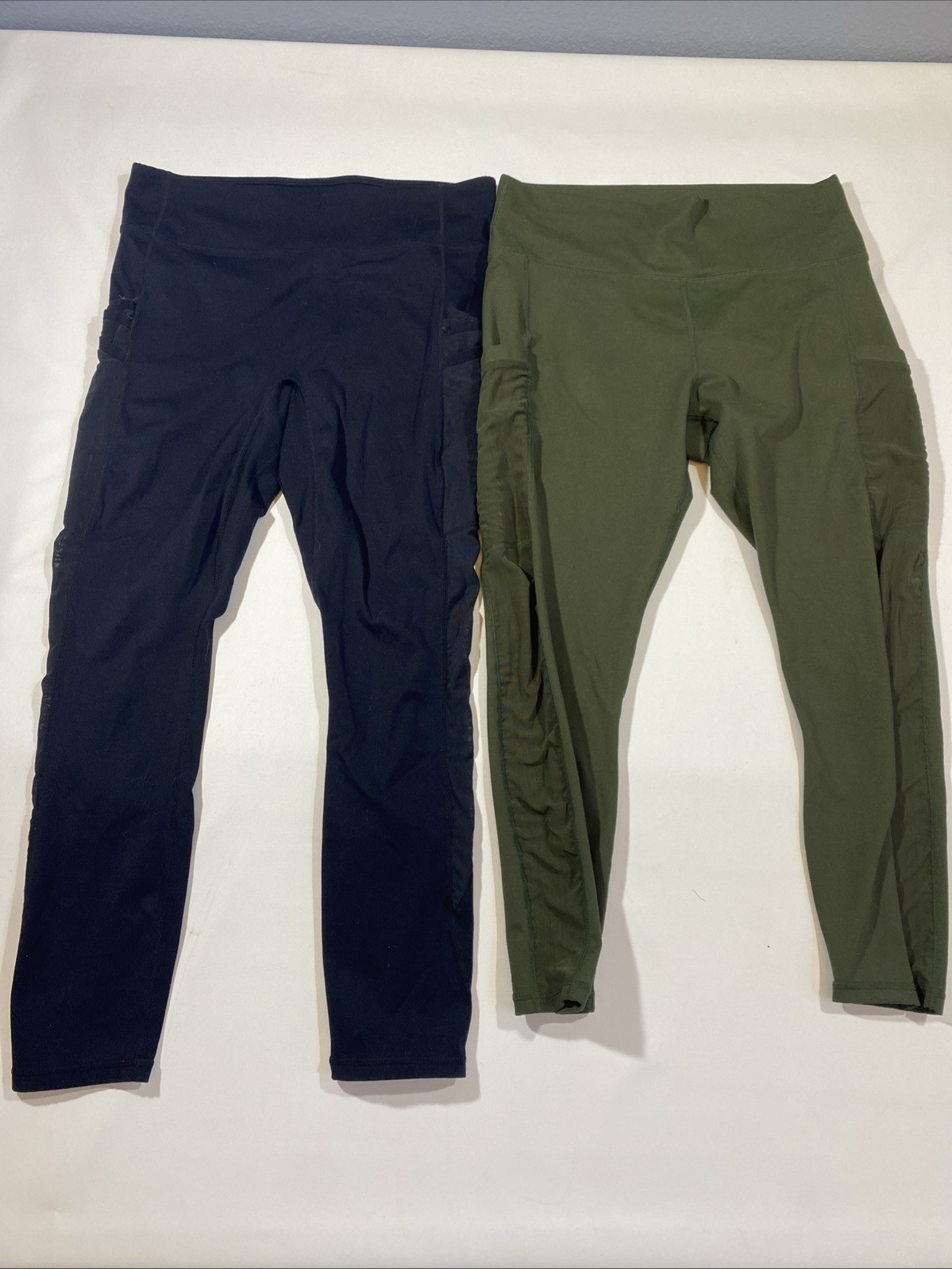 Fabletics Leggings,Lot Of 2, Black Ankle,Olive 7/8th, Mesh Side, Pockets, Size L