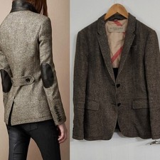 Burberry Brit Tweed Blazer with Leather Elbow Patches - Brown/Gray