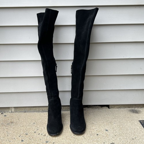 KELSI DAGGER Brooklyn Logan Boots Sz 8 Thigh High Black Suede Block Heel - Picture 4 of 9