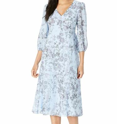 $100 Donna Morgan Women's Blue Star Print 3/4 Sleeve Midi A-Line Dress Size 4