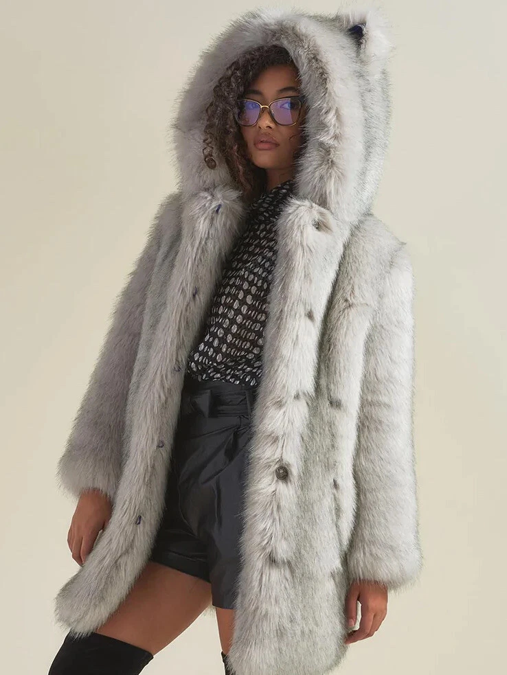 SpiritHoods Women's Wolf Faux Fur Coat with Hood