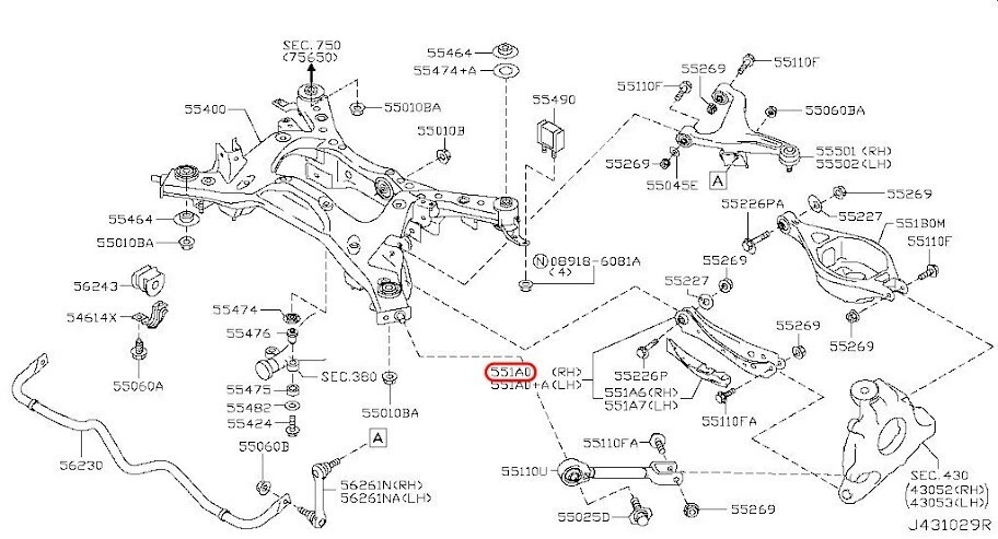 Suspensión trasera derecha Nissan OEM 551A0-1BA0A para Infiniti Foto 3 de 4