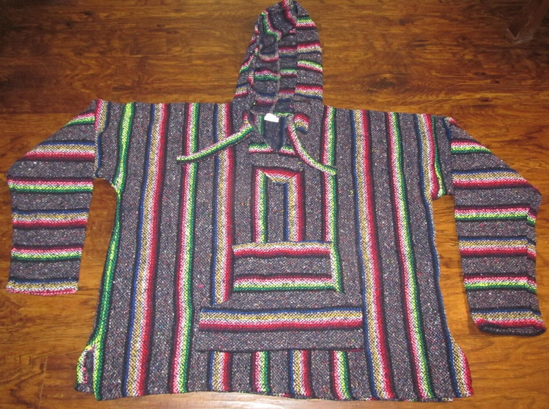 Size L Large Drug Rug Baja Hoodie Mexican Poncho Vel-Mex Pullover Rainbow Colors