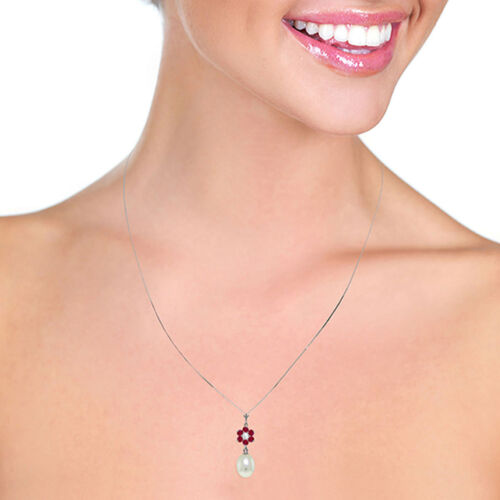 4.53 CTW 14K Solid White gold fine Necklace 20" genuine pearl Ruby Diamond - Picture 2 of 6