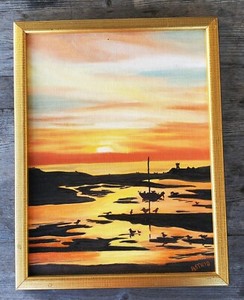 Vintage 1974 Oil Painting "Sunset Sands" - Sunset Seascape