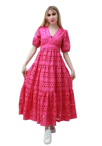 DAZCOS Women's Deep V-Neck A-Line Short Sleeve Red Maxi Long Dress