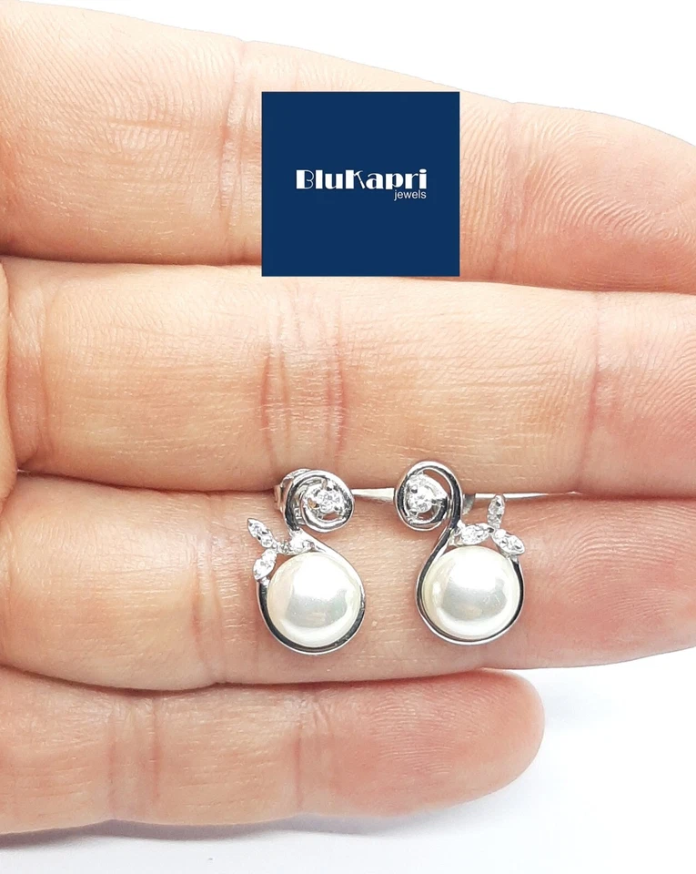 Orecchini Donna  Argento 925 con Perla 8 mm e zirconi - Immagine 3 di 4