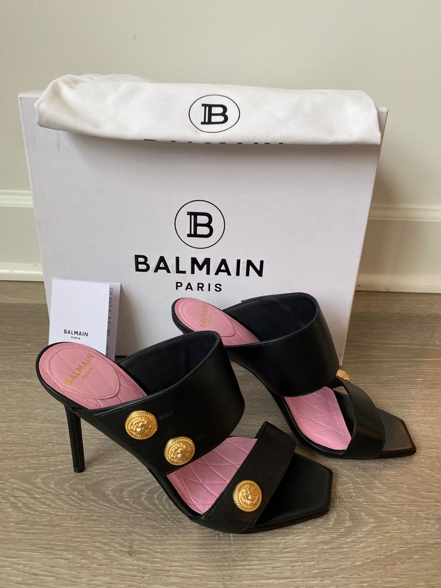 Balmain Women Black Mules Slip on Sandals Heels Golden