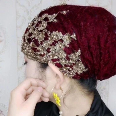 Femme Turban Chapeau Sur Floral Broderie Enveloppant Tête Brimless - Photo 1/4