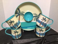 Towle Palm Breeze Chip Vegetable Dip 12" Tray Palm and 4 Matching 16 oz Mugs 