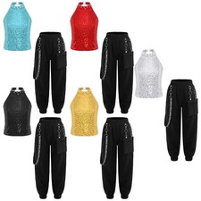 Kids Girls Outfit Workout Sets Sequin Tracksuit Sports Pants Metal Chain 2Pcs