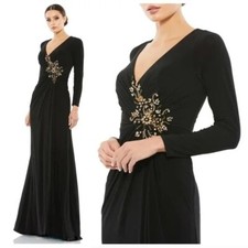MAC DUGGAL Faux Wrap Long Sleeve Black Jersey Maxi Gown Dress Applique Size 4