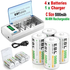 4x 5OOOmAH NI-MH C Size Rechargeable Batteries + AA AAA C D 9V Battery Charger