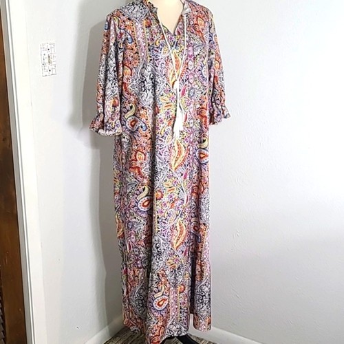 Maxi Vestido Boho Multicolor Estampado Paisley y Floral, Borlas en Escote Talla XL - Imagen 5 de 13