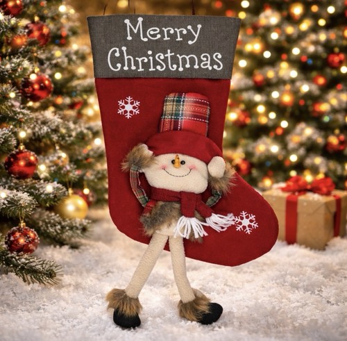 Handmade Christmas Stocking Farmhouse Elf Plaid & Fur Felt & Canvas