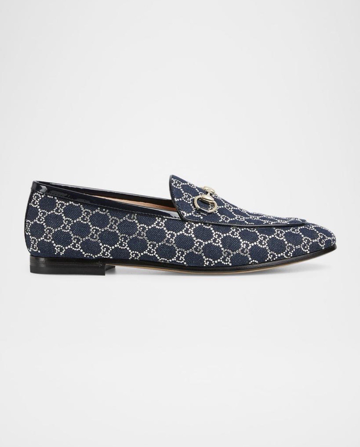 Gucci Jordaan denim Horsebit Crystal GG Monogram Flats loafers Deep Blue Sz 37/7