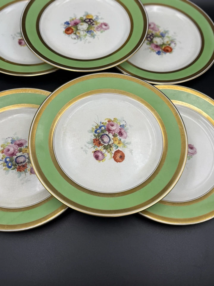 Set  Of 6 Johnson  Bros England for Ovington Bros NY 8.75” Green Gold Rim Plate - Image 3 of 4