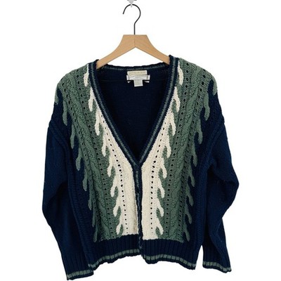 Vintage Christopher Sport Hand Knit Cardigan Navy Green V-Neck Sweater Size M