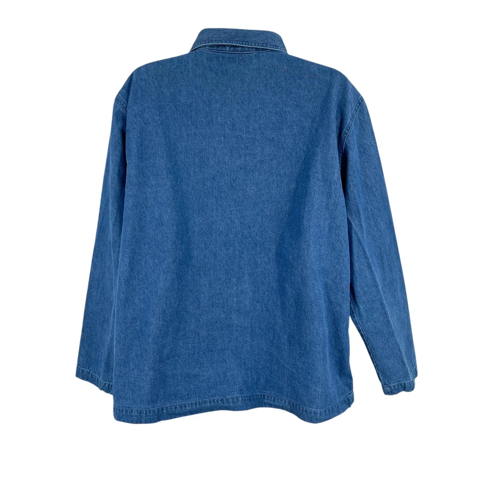 复古拼布衬衫夹克女式 L 码牛仔刺绣花卉 Y2K 纽扣 — 第 2/4 张图片