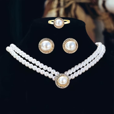 3pcs Women White Bead Jewellery Set Necklace Earrings Ring Classy Fashion Gift