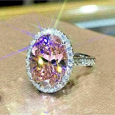 3Ct Oval Lab Created Halo Pink Sapphire Women Engagement Ring 14K White Gold FN