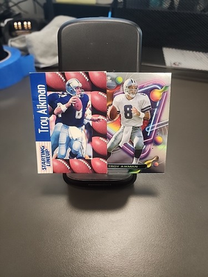 #ad 2 card lot Troy Aikman Cowbays Starting Lineup Card Has Crease Other Is Mint $1.00