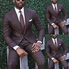 Plaid Men's Suits Brown Prom Party Blazer Vintage Casual Coat Dinner Jacket