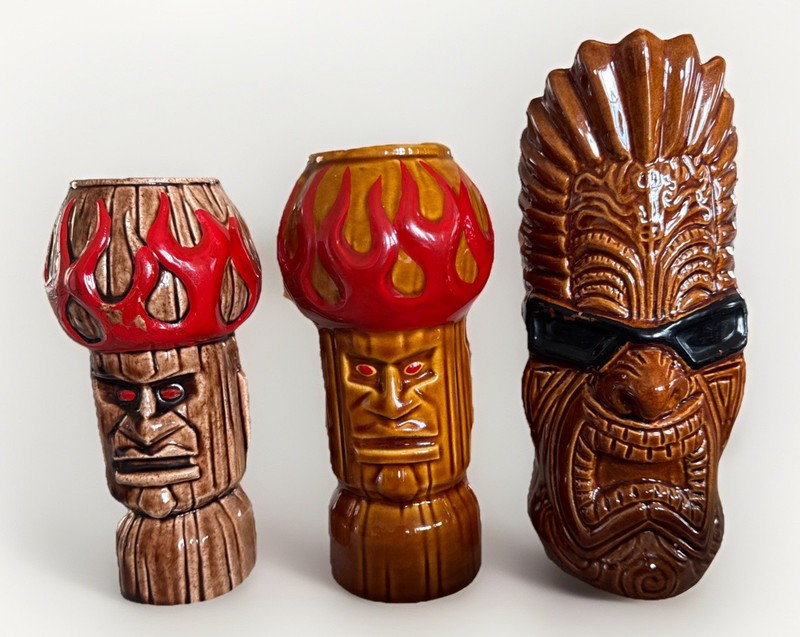 Lot Of 2 Joe Vitale Tiki Farm 2002 Hot Head Tiki Mugs + 1 “Tikinator” Mug