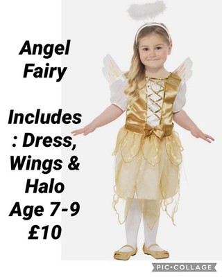 Costume Dell'Angelo Gabriel Per Bambini, Completo Natalizio Con Abito Bianco, Alone E Ali Argentate, Taglia Media (7-9 Anni)