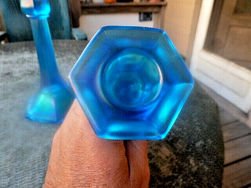 NORTHWOOD PAIR CELESTE BLUE #657 8" STRETCH GLASS HEXAGONAL BASE CANDLESTICKS - Picture 6 of 8