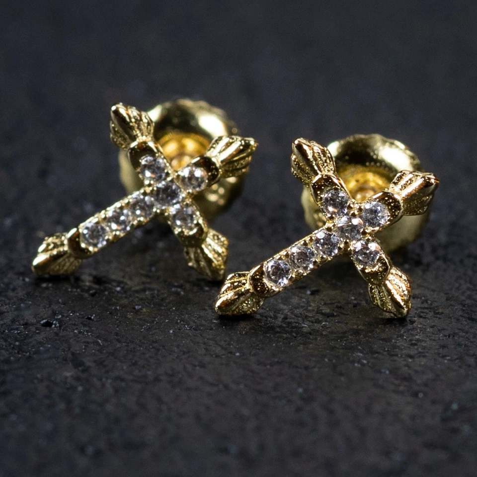 Mini aretes cruzados unisex enchapados en oro de 14K pequeños de plata esterlina circonita helada Foto 2 de 4