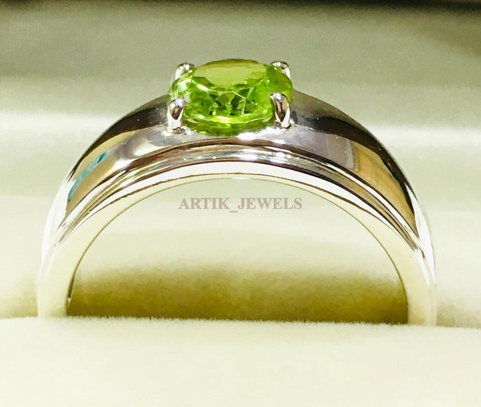 Piedras preciosas de peridoto natural con anillo de plata de ley 925 para hombre #1395 Foto 3 de 4