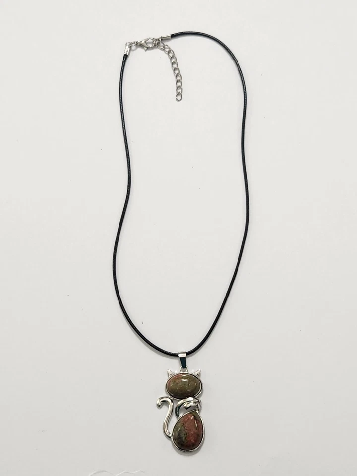 Silvertone Natural Unakite Cat Kitty Kitten Pendant Necklace Black Cord Fashion - Image 2 of 4