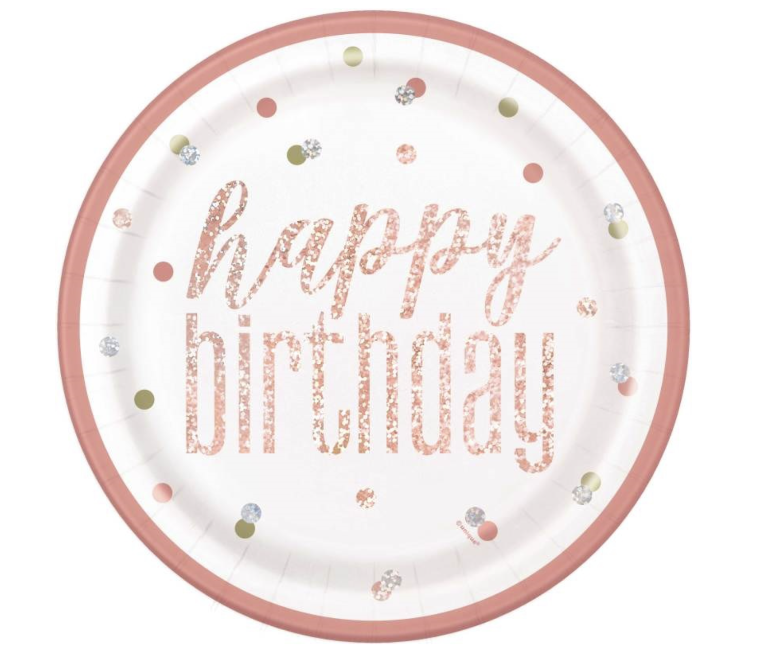 8 Pk Paper 9"" Plates Rose Gold Glitz Prismatic Foil Happy Birthday Round Party