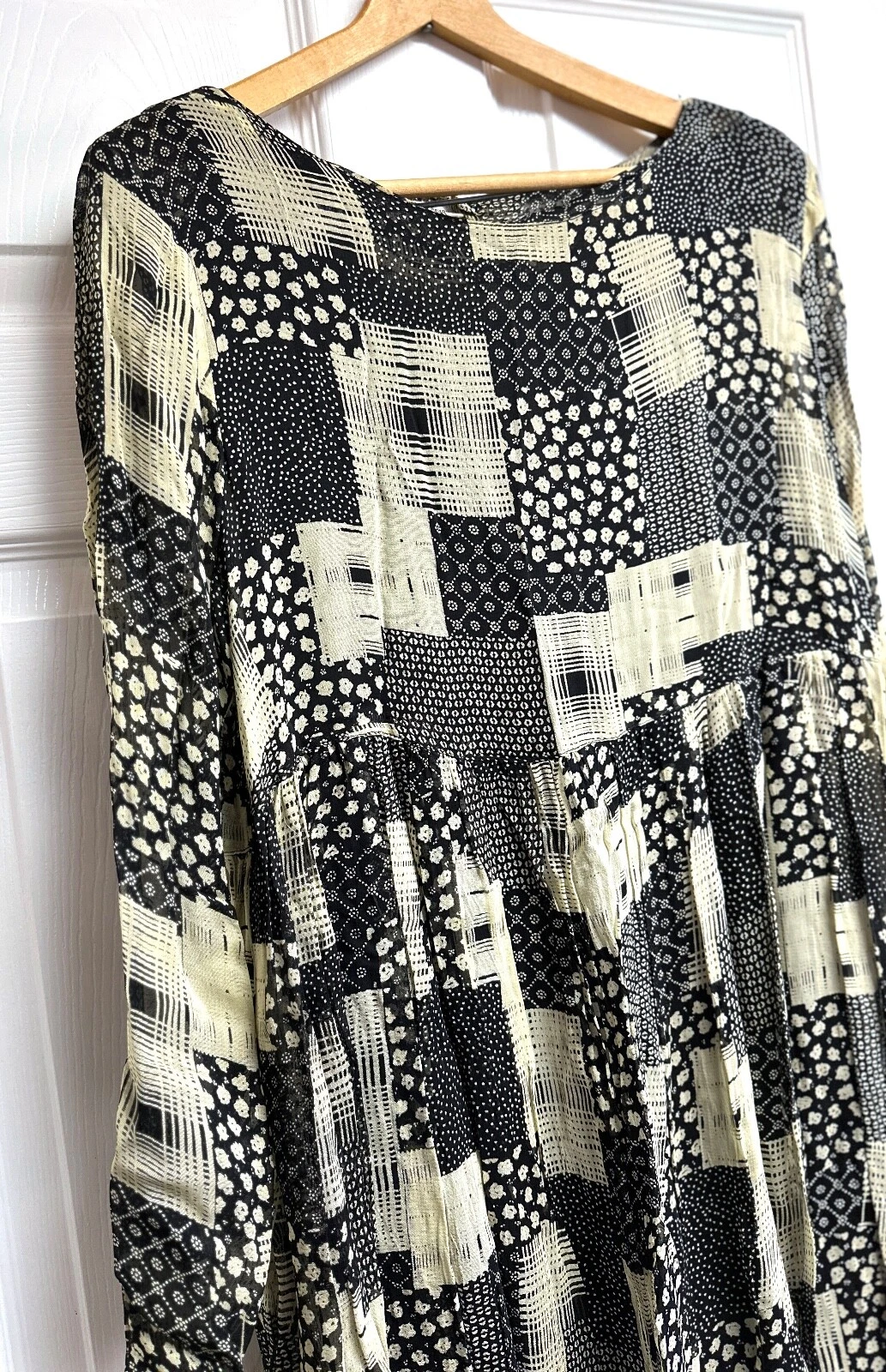 OFF WHITE Abito vintage anni 90 Santa Fe rayon garza stropicciato nero bianco sporco patchwork MEDIA