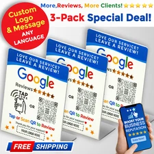 3-Pack Custom Logo Google Review Tap Stand | XL Display Sign | NFC + QR | Glossy