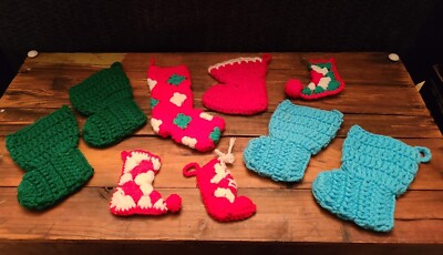 9 Vtg Hand Crocheted Knit Stocking Christmas Ornaments Farmhouse Country Chic