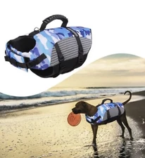 Dog Life Jacket Pet Puffy Preserver Safety Vest Puppy Camo Blue Coat Med New