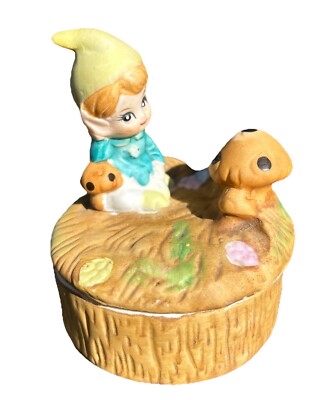 Vintage 1970 s Homco Pixie Elf/Gnome w/mushroom Porcelain Trinket box #5404