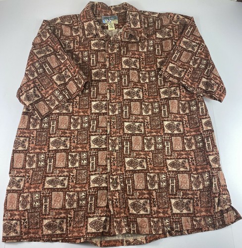 Big Dogs Herren Hawaiihemd braun beige Tiki Hieroglyphen Fischdruck Baumwolle XL - Bild 1 von 7