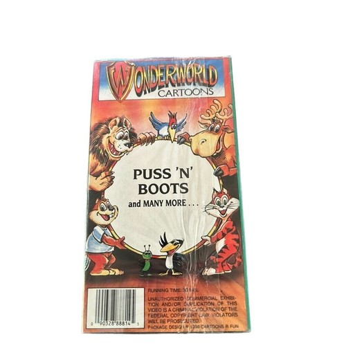 Wonderworld Cartoons VHS - Puss 'N' Boots & Many More - Vintage 1990 Animated - Foto 2 di 2