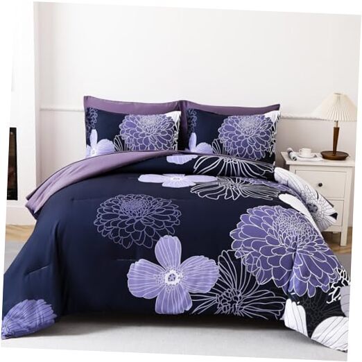 Comforter Set Size, Floral Pattern Comforter 7 Pieces Bed in a Queen Purple