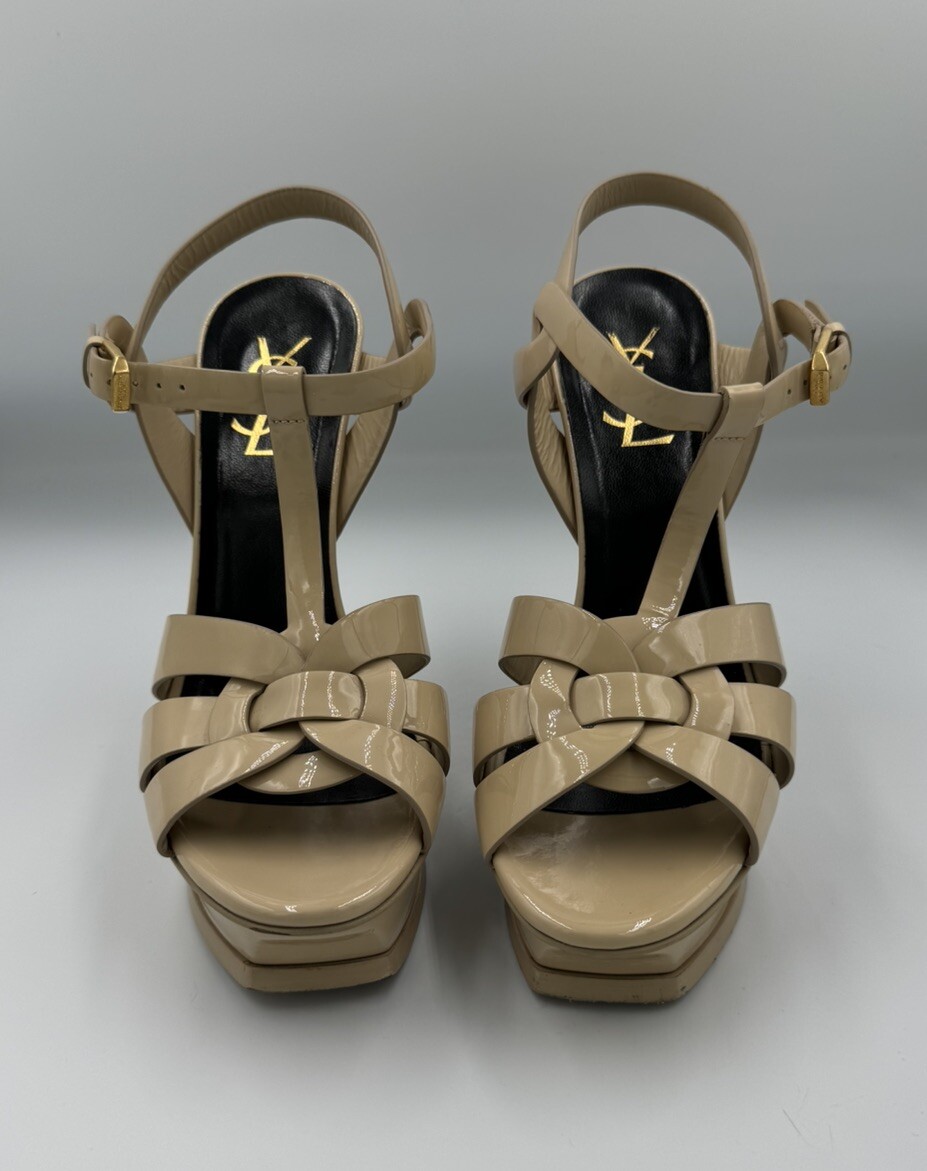 Tacchi YSL SAINT LAURENT omaggio pelle verniciata plateau 37 5 7 nudi con cinturino