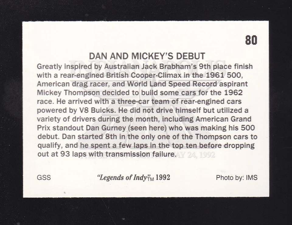 1992 Collegiate Collection Legends of Indy Dan and Mickey's Debut #80 - Image 2 of 2