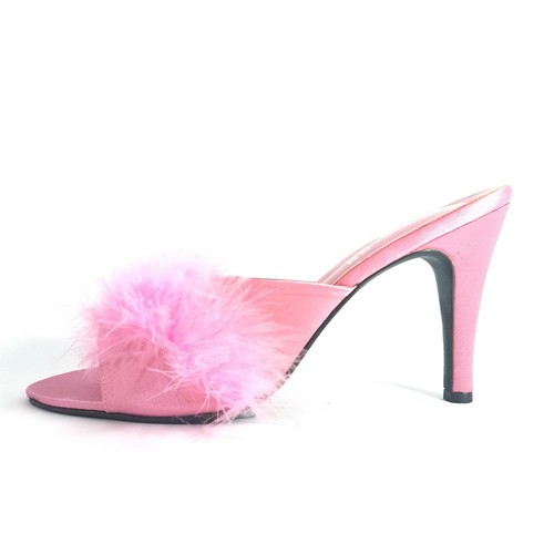 Pink High Heel Satin Fluffy Slippers 4 