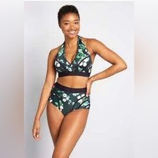 ModCloth retro dark floral high waisted halter top 2 piece swimsuit. Size L
