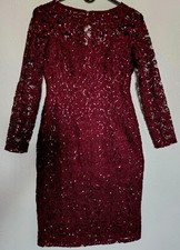 Marina Burgundy Lace Sequin Long Sleeve Sheath Dress Knee Length Size 6